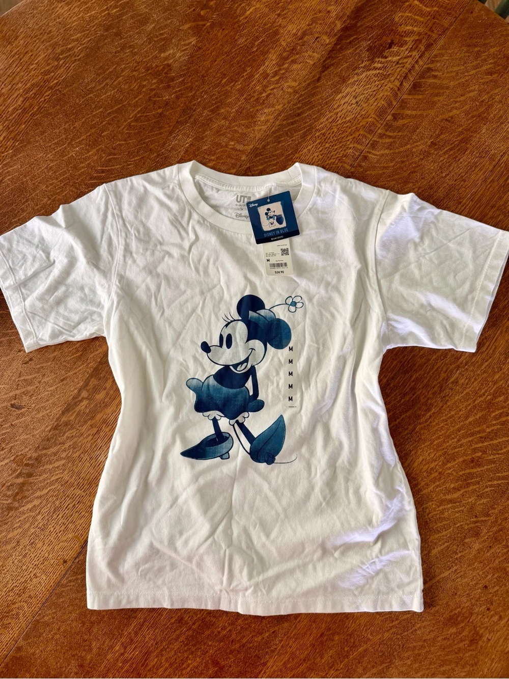Disney × Uniqlo White Tee with Blue Minnie Mouse Graphic